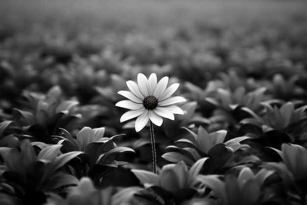 a black and white photo of a flower in a field