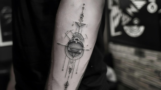 Photo a black and white photo of a forearm tattoo featuring a geometric design with a circular center