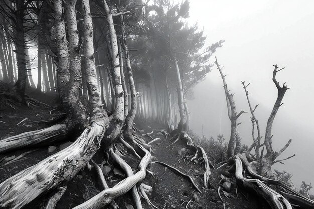 a black and white photo of a forest with trees and the word  the   on it