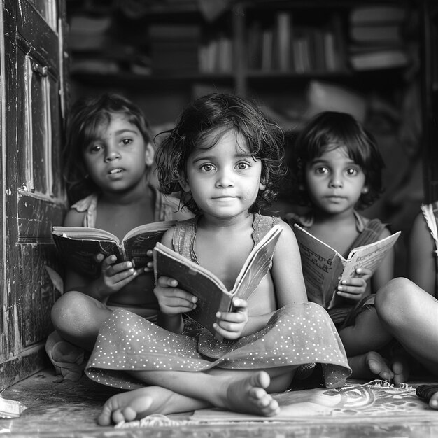 a black and white photo of a girl reading a book with the words quot the word quot on the bottom