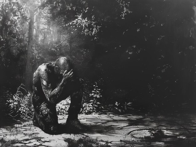 Photo a black and white photo of a gorilla in a forest