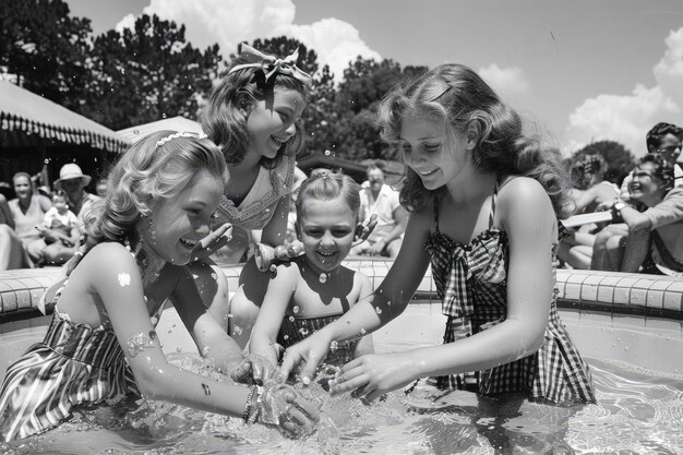 Photo a black and white photo of a group of children playing in a pool