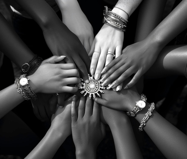 Photo a black and white photo of a group of hands holding a circle with the word quot all around quot on i