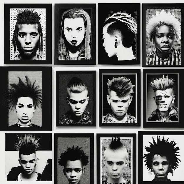 a black and white photo of a group of men with different hair and different designs