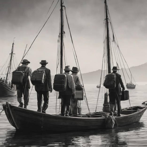 Black and white photo of a group of people in a boat about to move