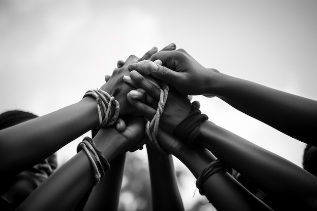 a black and white photo of a group of people holding hands