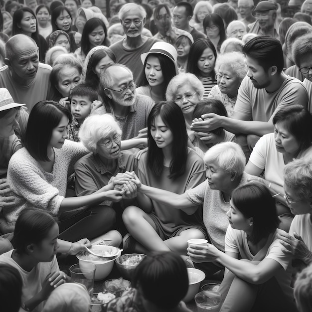 a black and white photo of a group of people with one of them holding a cup of coffee