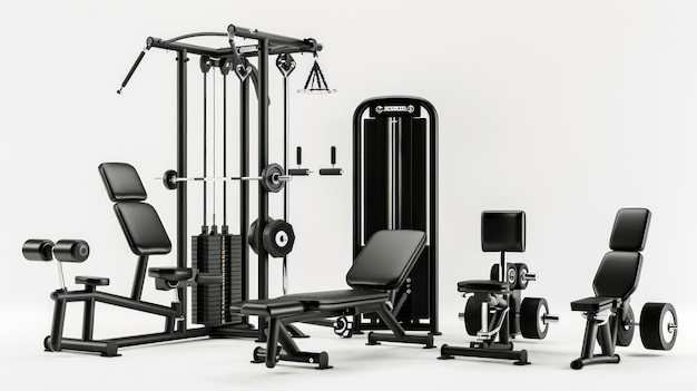 a black and white photo of a gym with a chair and a camera on it