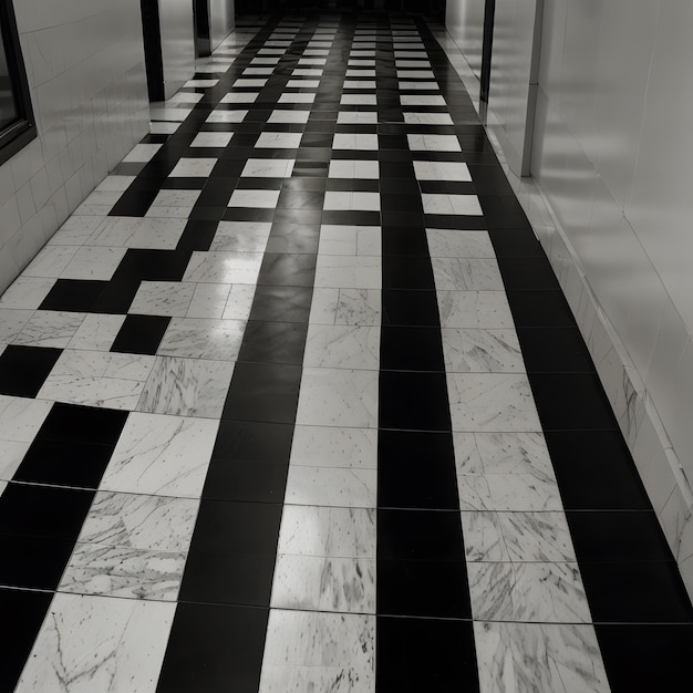 a black and white photo of a hallway with a black and white tile floor