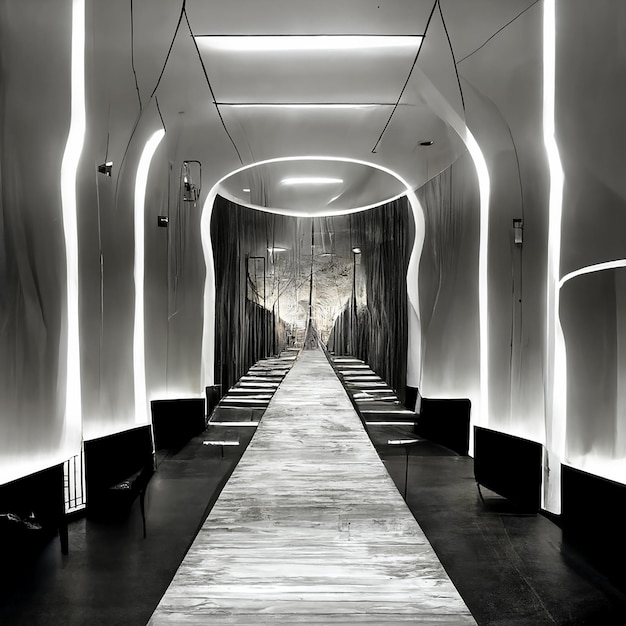 A black and white photo of a hallway with a row of benches and a wall with lights.