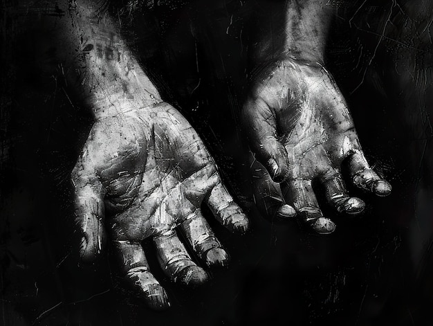 a black and white photo of a hand with the hands of a man