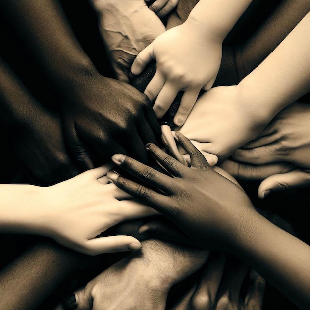 A black and white photo of hands that say black and white.