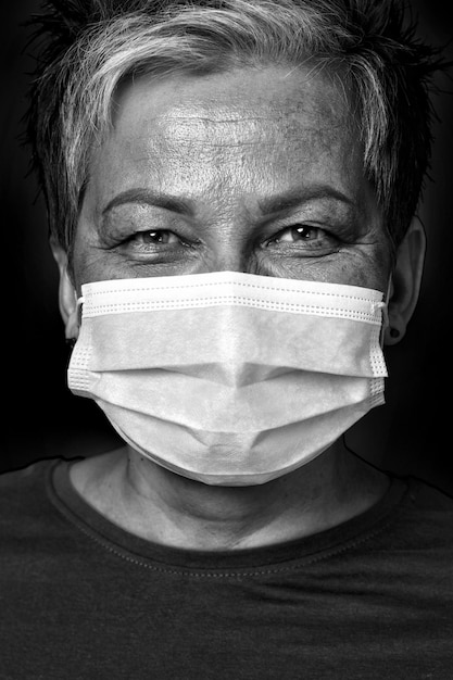 Black and white photo Happy eyes smiling grey short haired doctor woman wearing medical face mask looking at camera wearing green blouse isolated on yellow background