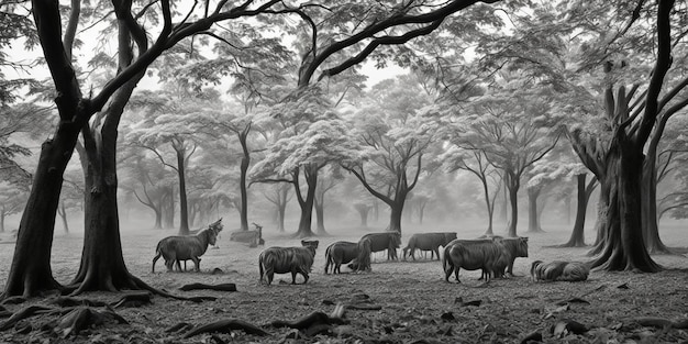 A black and white photo of a herd of cattle in a forest.