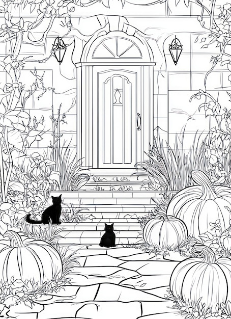 a black and white photo of a house with a black cat and a pumpkin