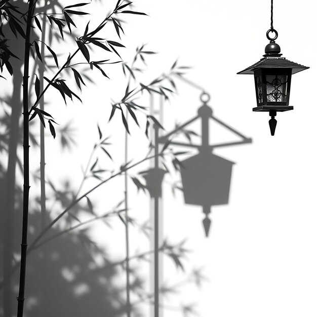 a black and white photo of a lamp and a tree