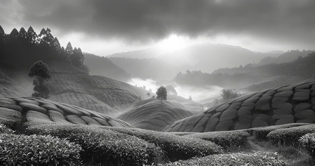 Photo a black and white photo of a landscape with fog and trees in the background