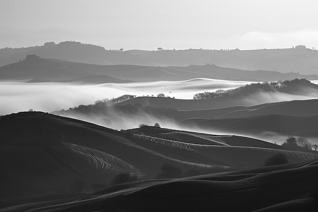 Photo a black and white photo of a landscape with a tree and hills in the background