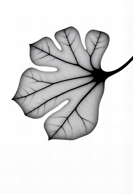 a black and white photo of a leaf shaped object with the word  l  on it