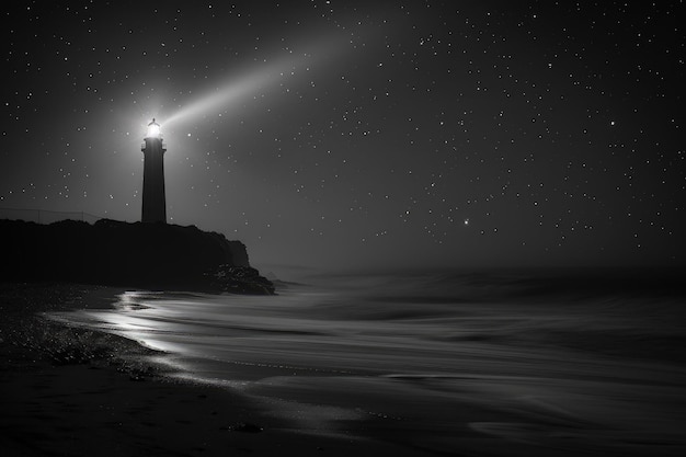 Photo a black and white photo of a lighthouse at night