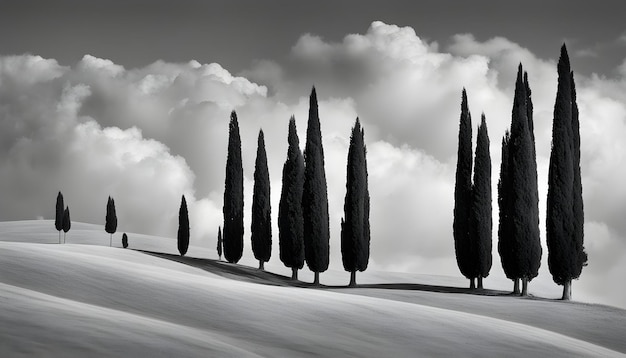 a black and white photo of a line of trees with a cloudy background