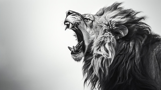 Photo black white photo lion roaring profile