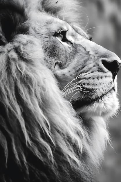 Photo a black and white photo of a lion with a very long mane