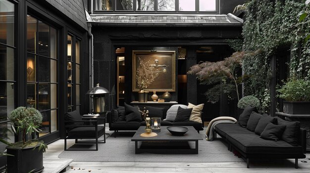 a black and white photo of a living room with a black couch and a fireplace