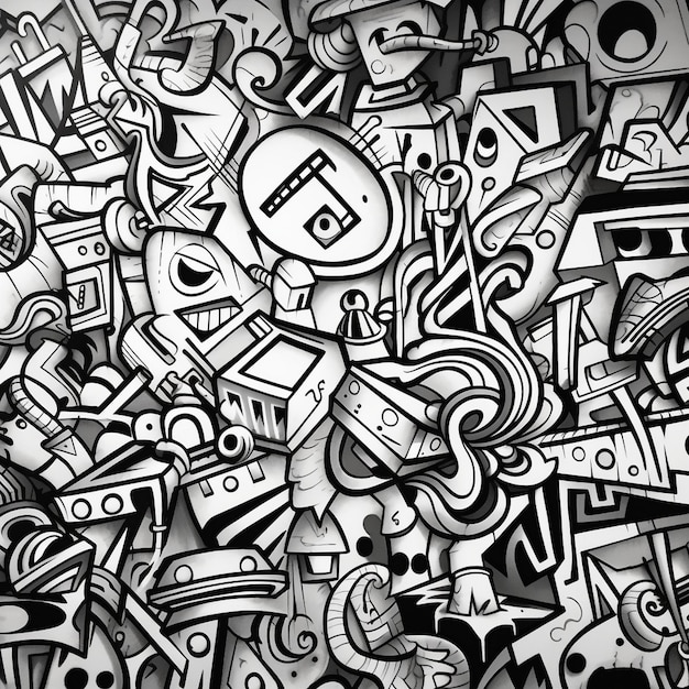 a black and white photo of a lot of graffiti and a letter t on a black background