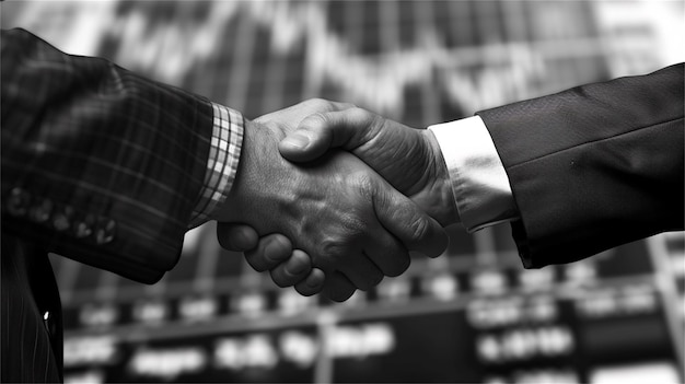 a black and white photo of a man shaking hands with a man shaking hands