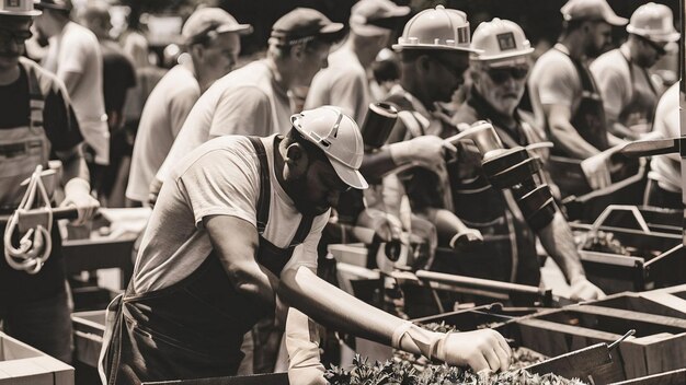 Photo a black and white photo of a man wearing a hat and holding a drum