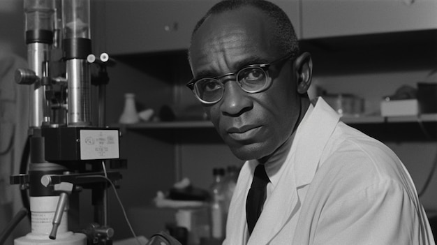 Photo a black and white photo of a man wearing a lab coat and glasses, looking at a microscope.