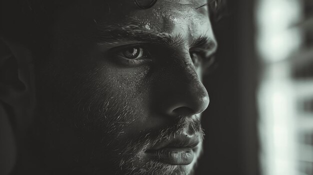 a black and white photo of a man with a beard