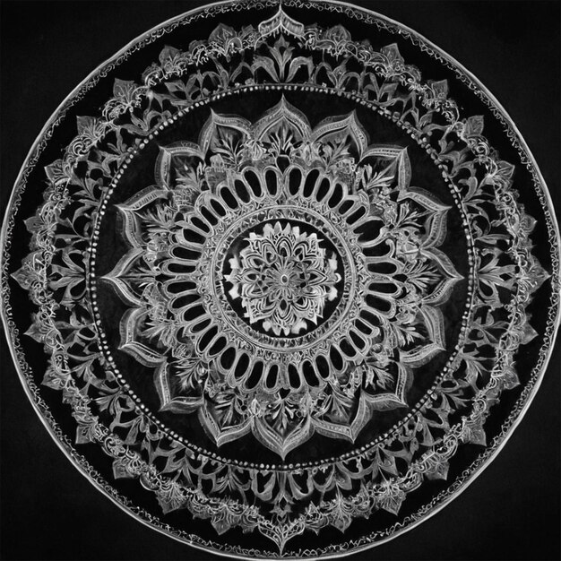 a black and white photo of a mandala with a design on it