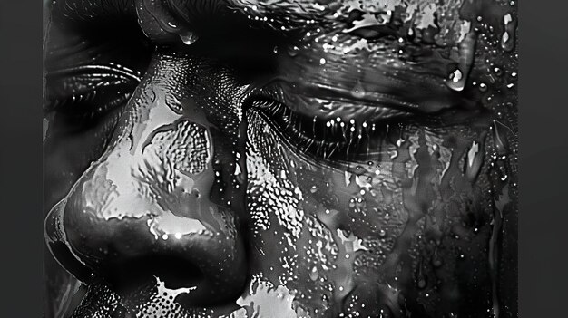 a black and white photo of a mans face with glitter on it