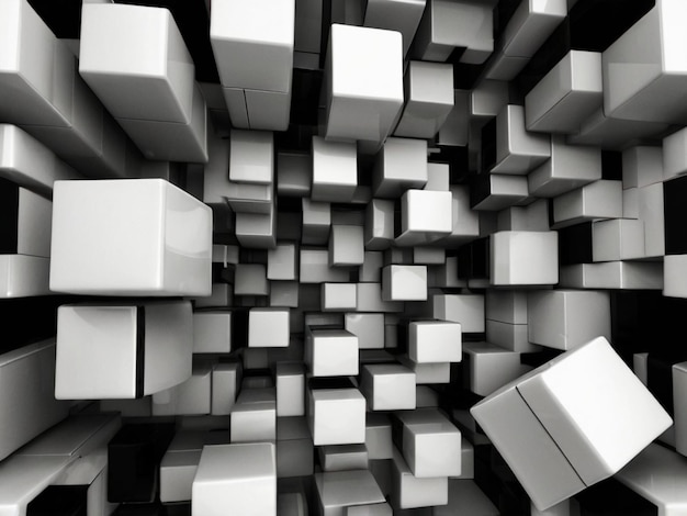 a black and white photo of many white cubes with one that says white