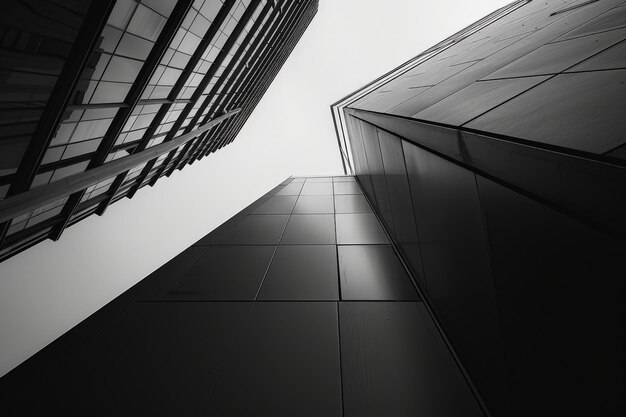 Black and white photo of modern geometric skyscrapers creating dramatic lines leading towards the sky on an overcast day