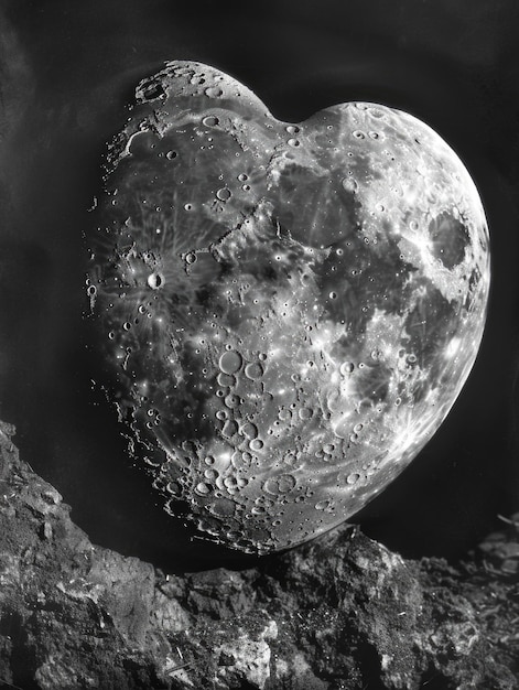 Photo a black and white photo of the moon forming a heart shape