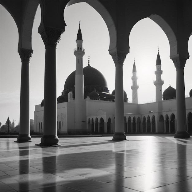 Photo a black and white photo of a mosque with a minaret in the background