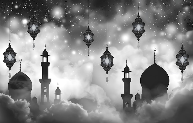 a black and white photo of a mosque with the moon in the background