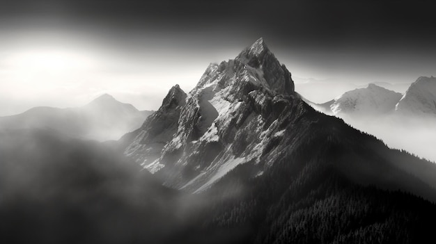 a black and white photo of a mountain range with fog in the air and a bright sun in the sky above the mountain range Generative AI illustrator