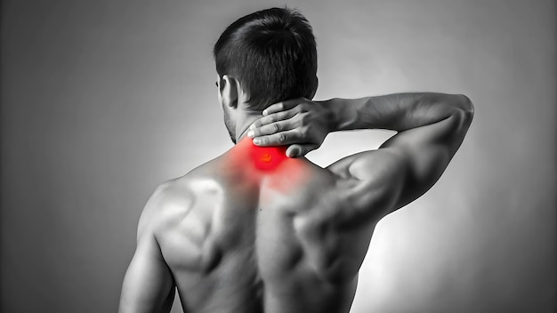 Photo black and white photo of a muscular man with neck pain highlighted red area