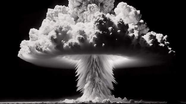 A black and white photo of a nuclear explosion with a cloud in the center.