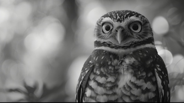 Black and White Photo of Owl in Wilderness