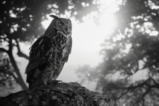 Black and White Photo of Owl in Wilderness