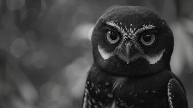 Black and White Photo of Owl in Wilderness