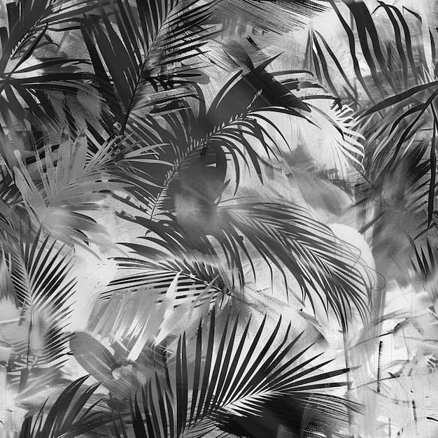 a black and white photo of palm trees with a black background