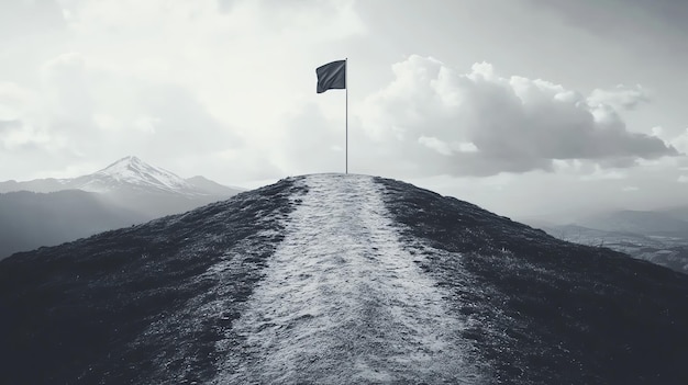 A black and white photo of a path leading to a flag planted on a mountain peak