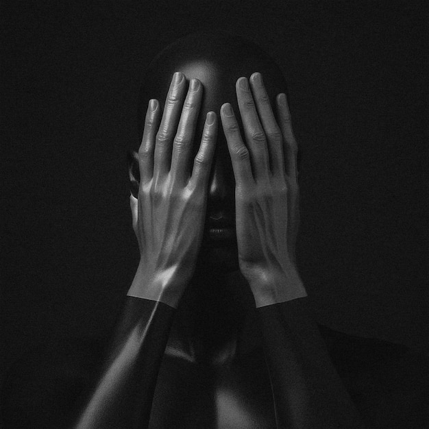 Photo a black and white photo of a person covering their face with their hands