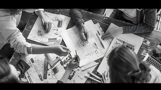 a black and white photo of a person drawing a puzzle with a pencil